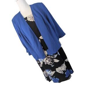 NWT@$94! STUDIO ONE! BLACK/BLUE/GRAY/WHITE FLORAL DRESS & BLUE JACKET SET! 18W
